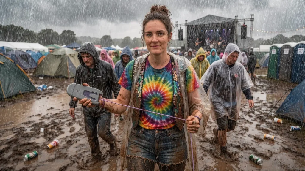 Festival-goer walking through heavy rain and mud holding portable power device during outdoor music event