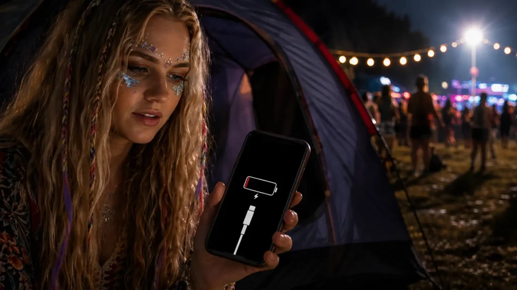 Smartphone powered by Unibank portable charger at night festival campsite
