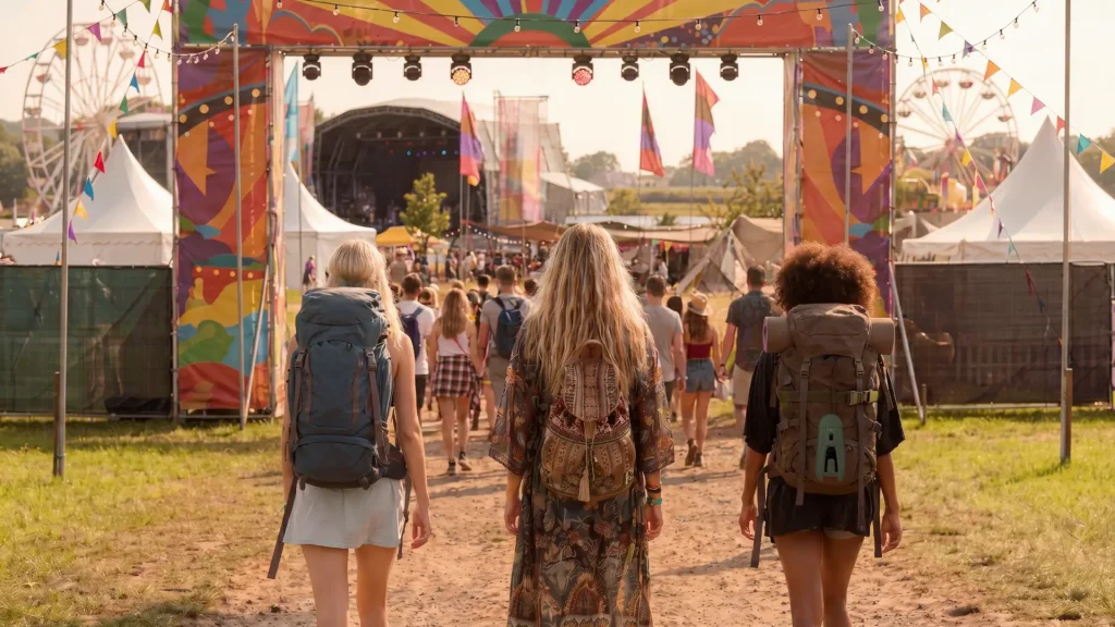 Group of festival-goers walking through entrance with backpacks toward main stage, representing arrival and start of outdoor festival experience