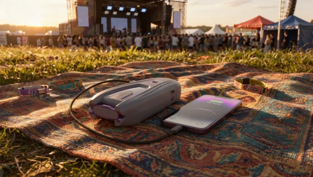 Unibank portable power device charging a smartphone on a blanket at an outdoor festival, showing lightweight and easy-to-carry design