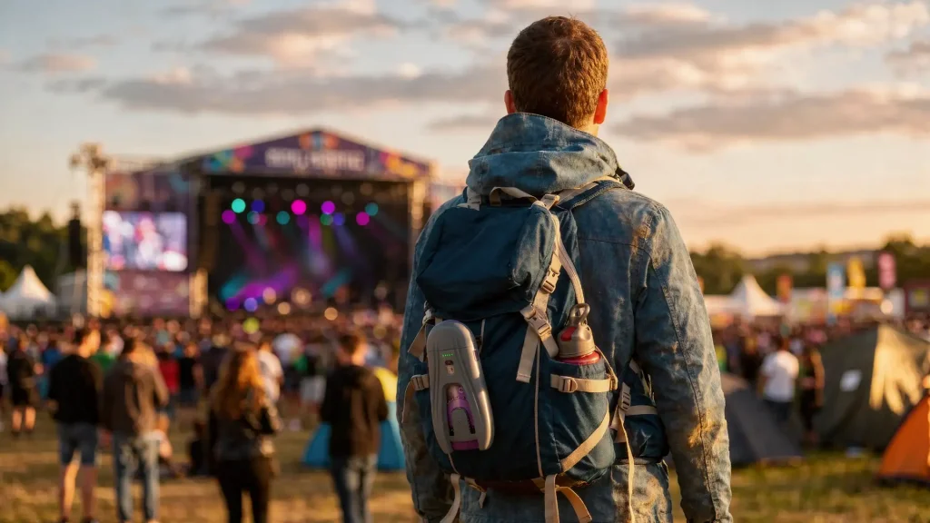 Festival-goer wearing a backpack with Unibank attached, showing lightweight and portable power solution in a live music setting