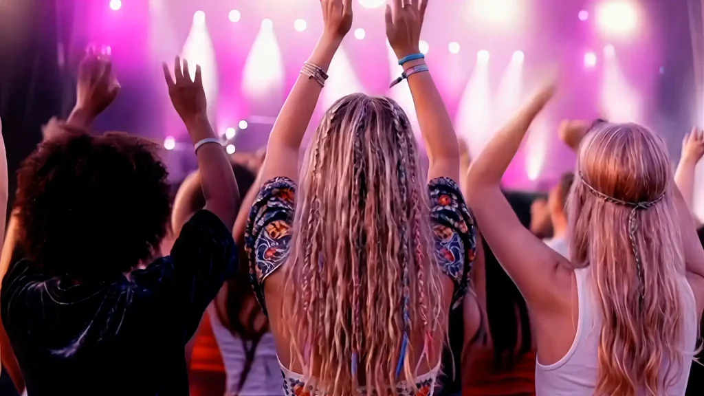 Festival crowd at night with people dancing and raising hands toward a brightly lit stage, capturing the energy of live music and staying powered through the night