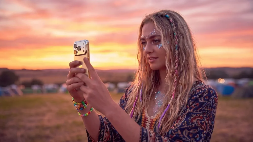 Young woman at a festival campsite during sunrise using her smartphone, with warm morning light in the background, representing staying connected after a full night outdoors
