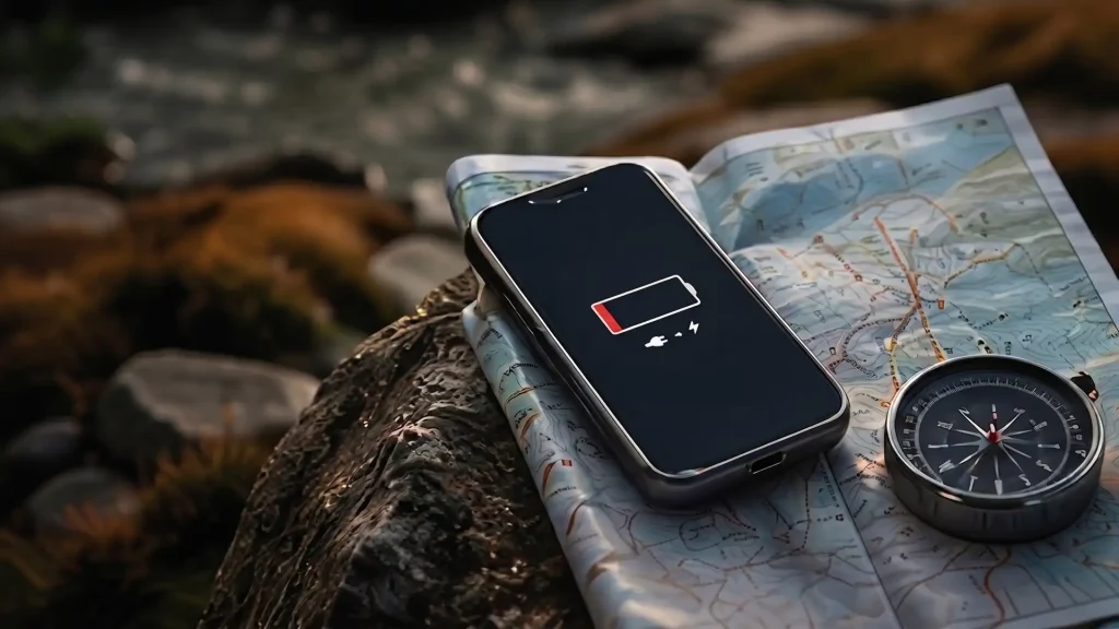 Portable Unibank charger powering a smartphone on a hiking map for off-grid navigation in the mountains