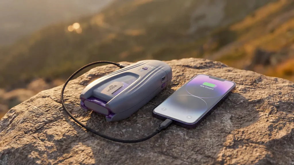 Portable Unibank charger powering GPS devices and smartphones outdoors