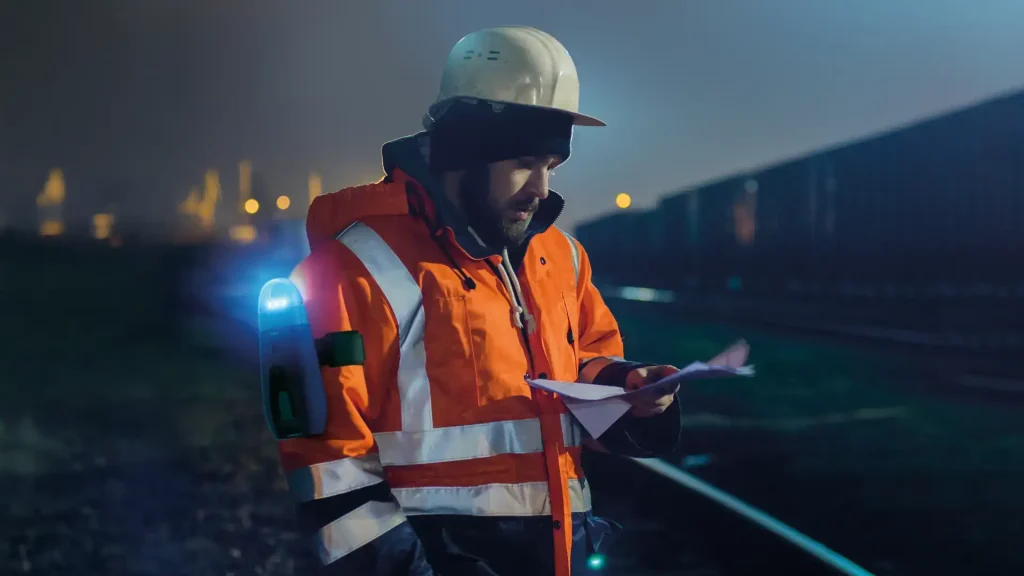 Construction worker at night using a mobile device beside railway tracks, wearing high-visibility gear with Unibank attached, providing power and light in a low-light worksite environment.