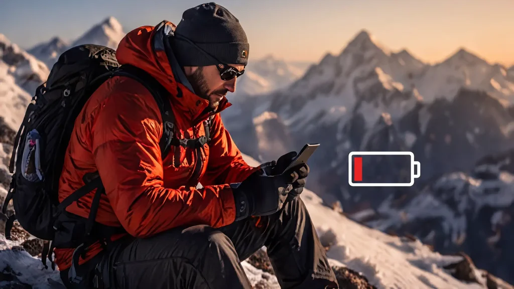 Climber using smartphone powered by Unibank portable charger during extreme mountain expedition