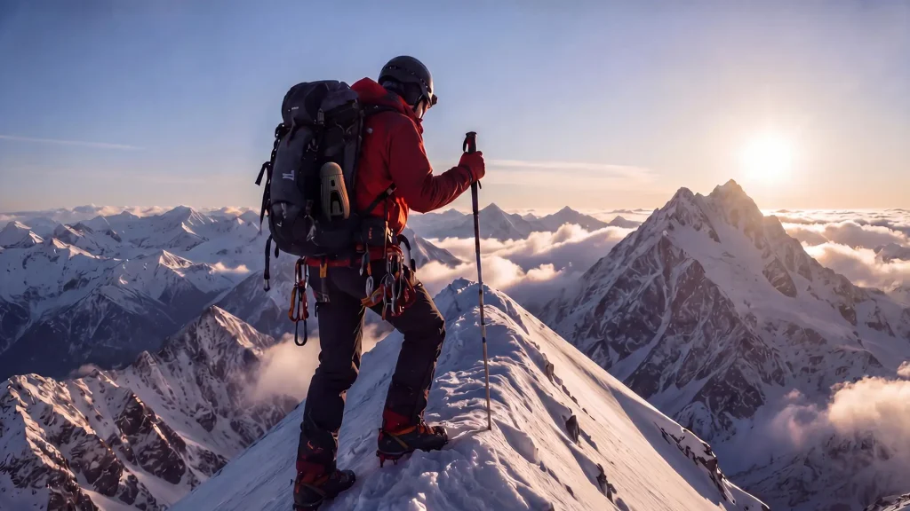 Mountaineer climbing toward summit with portable emergency power bank