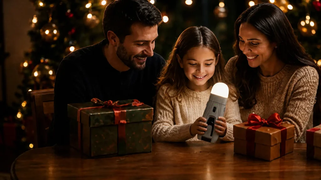 Family opening Unibank portable charger gift during holiday celebration