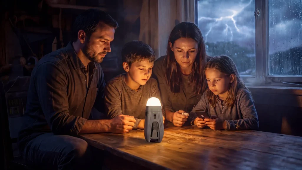 Family using Unibank emergency power bank during evening blackout