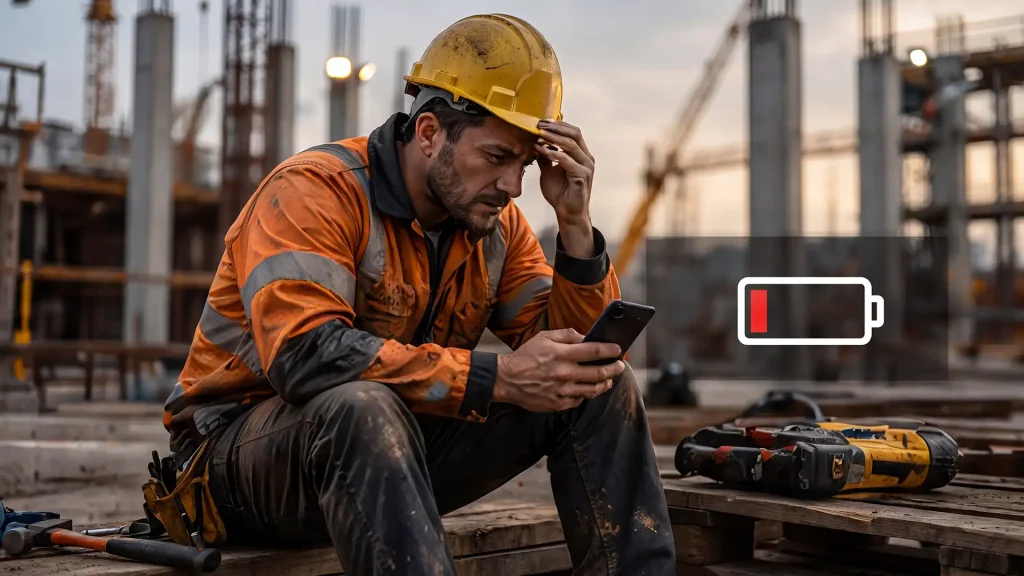 Tradesperson charging smartphone with Unibank on construction site
