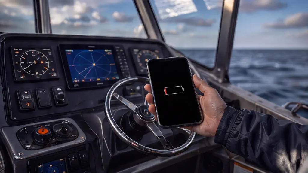 Smartphone powered by Unibank charger onboard fishing boat
