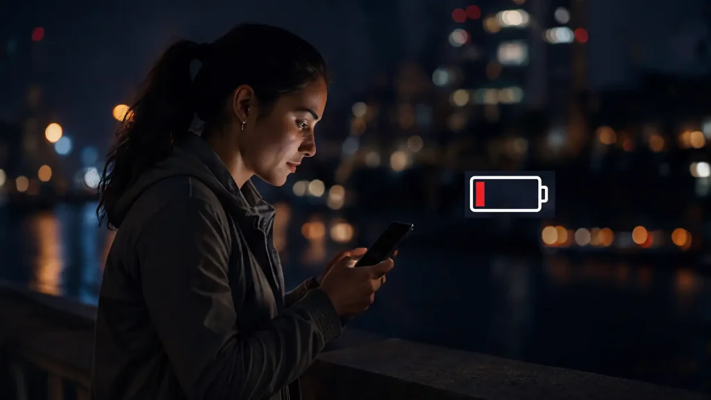 Smartphone powered by Unibank portable charger in city at night