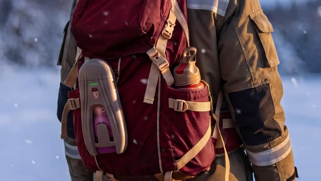 Lightweight Unibank portable power bank attached to climbing gear for mountain expeditions