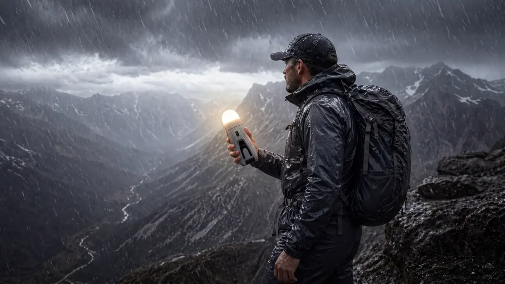 Hiker using Unibank portable charger in rugged outdoor mountain conditions